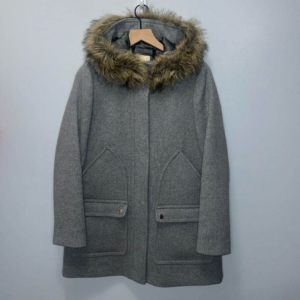 J. Crew Gray Utility Jacket with Faux Fur Trim